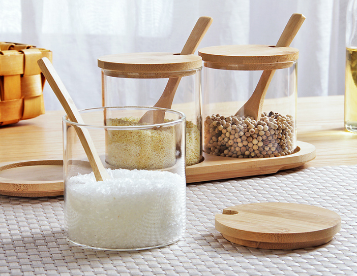 Glass seasoning/spices/salt/container/bottle set with bamboo lid and household spoon