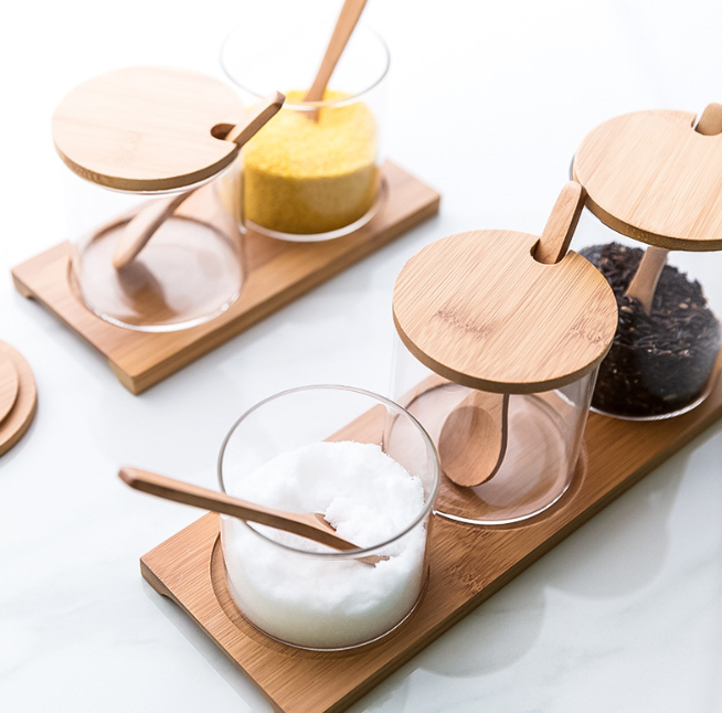 Glass seasoning/spices/salt/container/bottle set with bamboo lid and household spoon