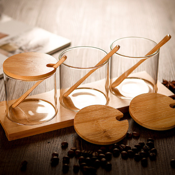 Glass seasoning/spices/salt/container/bottle set with bamboo lid and household spoon