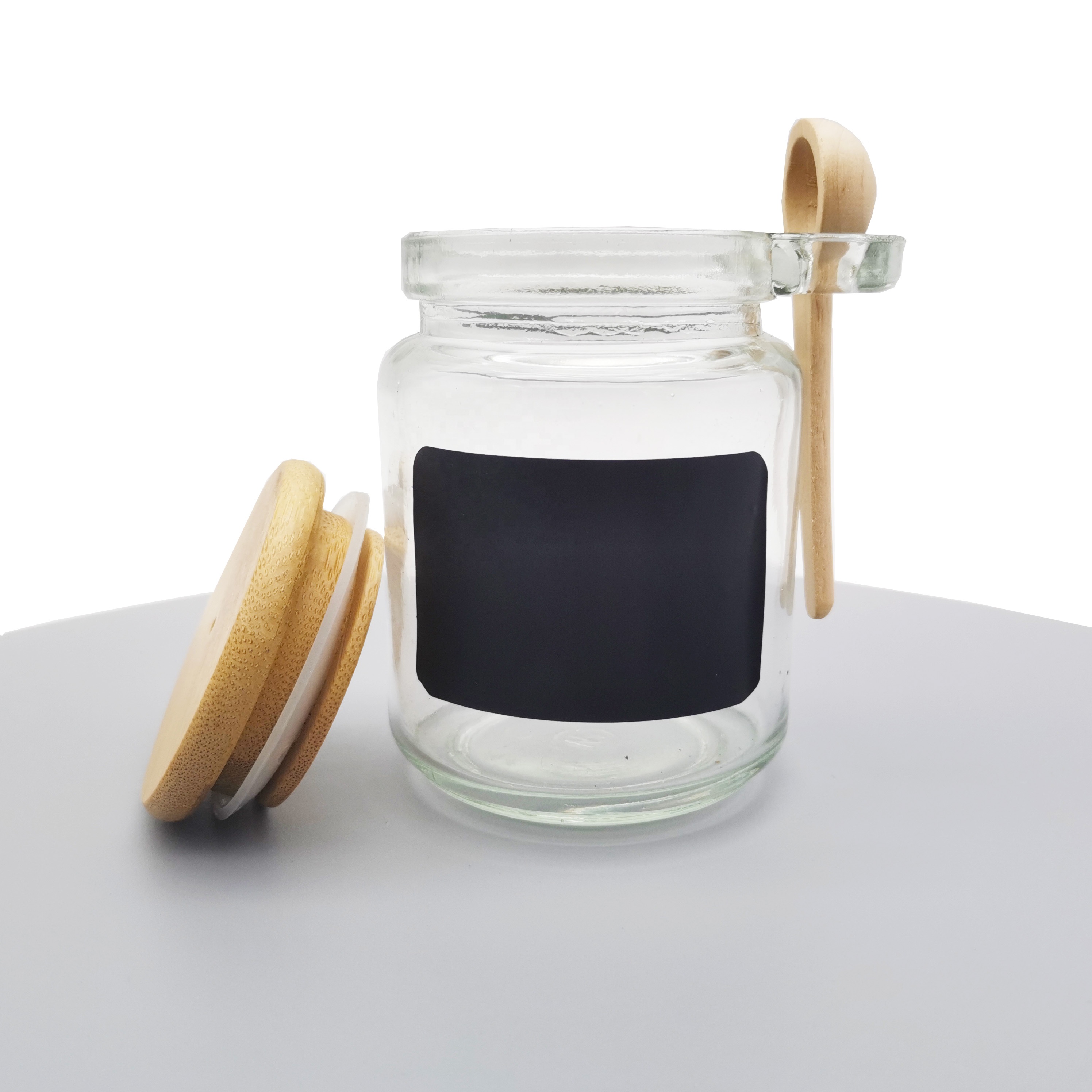 Glass spice sea salt honey round 8oz jar packaging canister for kitchen with bamboo lid and spoon