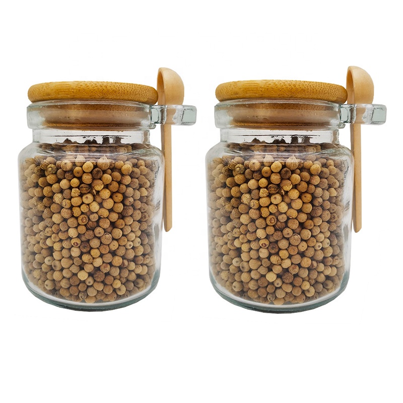 Glass spice sea salt honey round 8oz jar packaging canister for kitchen with bamboo lid and spoon