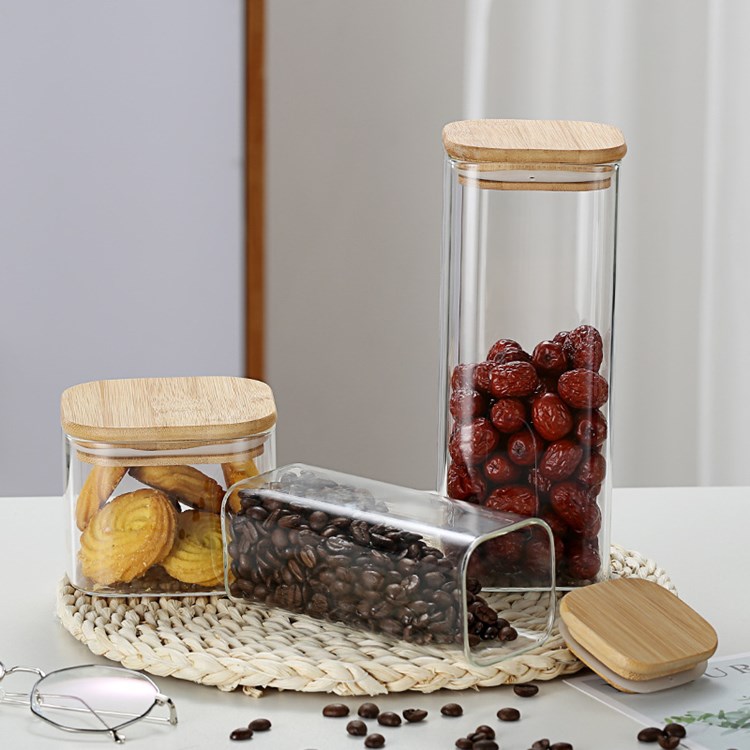 Glass storage jar feature container transparent square pantry jars with wood lids