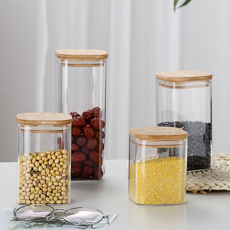 Glass storage jar feature container transparent square pantry jars with wood lids