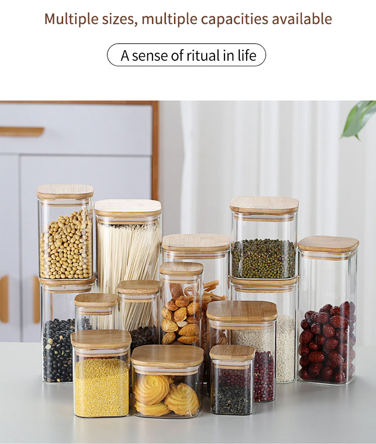 Glass storage jar feature container transparent square pantry jars with wood lids