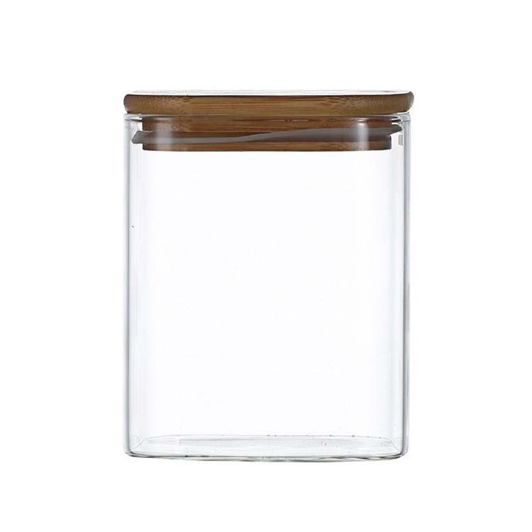 Glass storage jar feature container transparent square pantry jars with wood lids