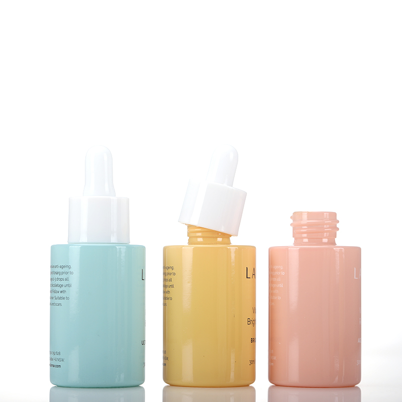 Glossy Pink Blue Yellow Skincare Cosmetic Packaging White Cap Serum Dropper Bottles