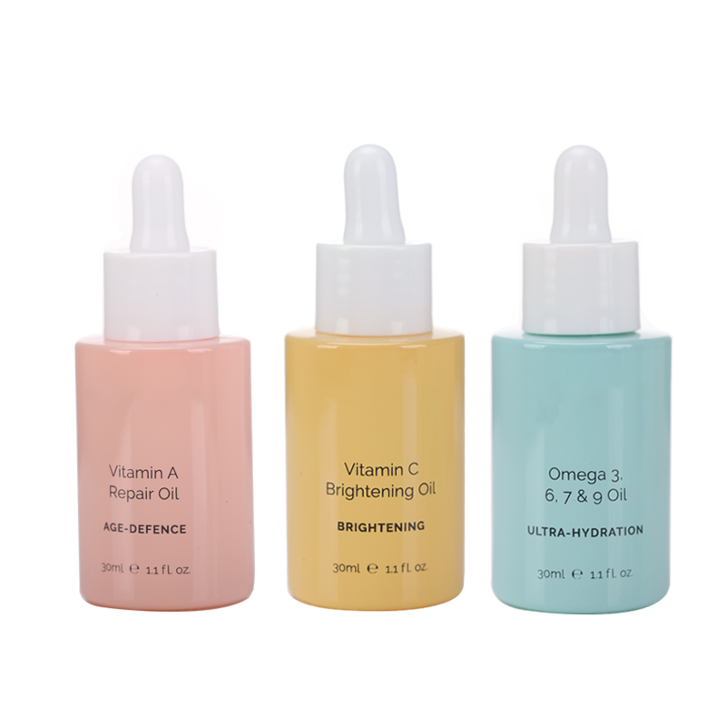 Glossy Pink Blue Yellow Skincare Cosmetic Packaging White Cap Serum Dropper Bottles