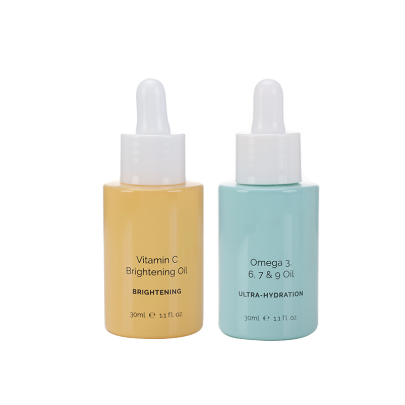 Glossy Pink Blue Yellow Skincare Cosmetic Packaging White Cap Serum Dropper Bottles