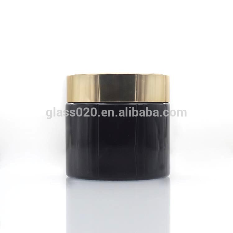 Glossy black 60g glass cream jar cosmetic face cream jar with light gold lid