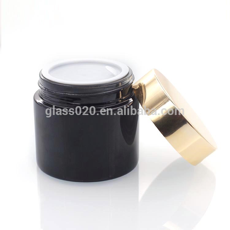 Glossy black 60g glass cream jar cosmetic face cream jar with light gold lid