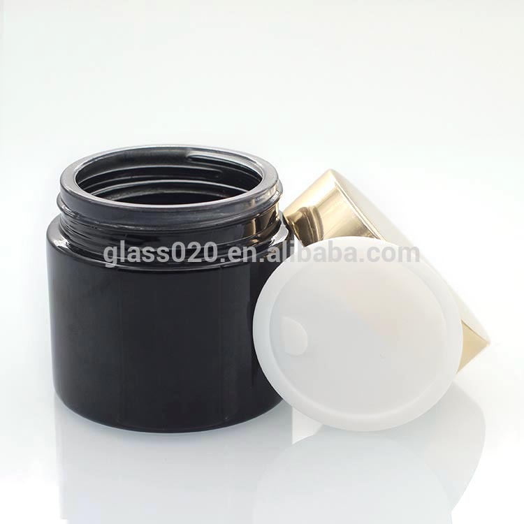 Glossy black 60g glass cream jar cosmetic face cream jar with light gold lid