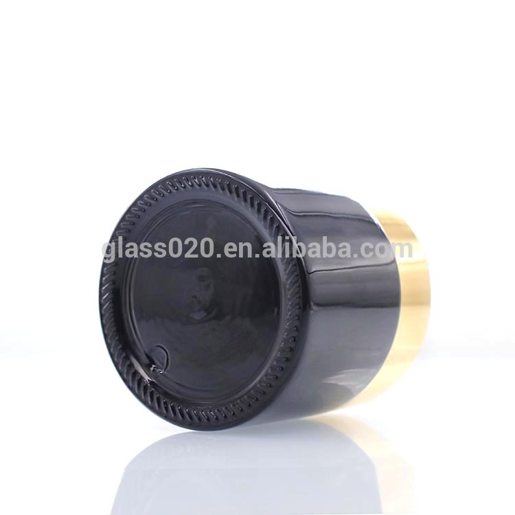 Glossy black 60g glass cream jar cosmetic face cream jar with light gold lid