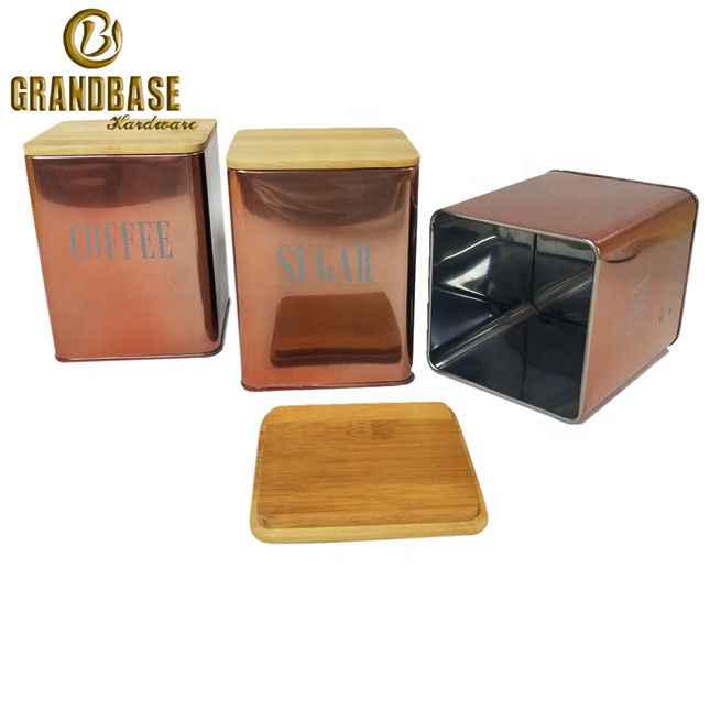 Glossy glazed enamel tea sugar coffee canisters with bamboo lid