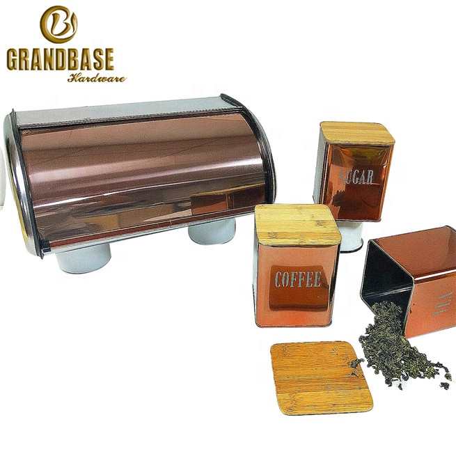 Glossy glazed enamel tea sugar coffee canisters with bamboo lid