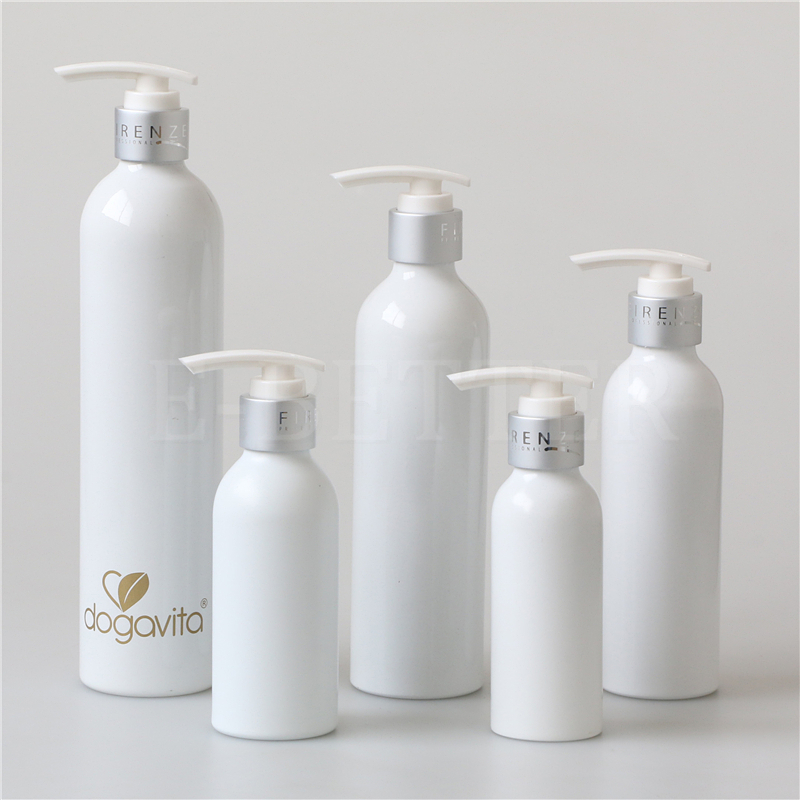 Glossy white 50ml 100ml 200ml 250ml 500ml 750ml aluminum shampoo bottle lotion pump