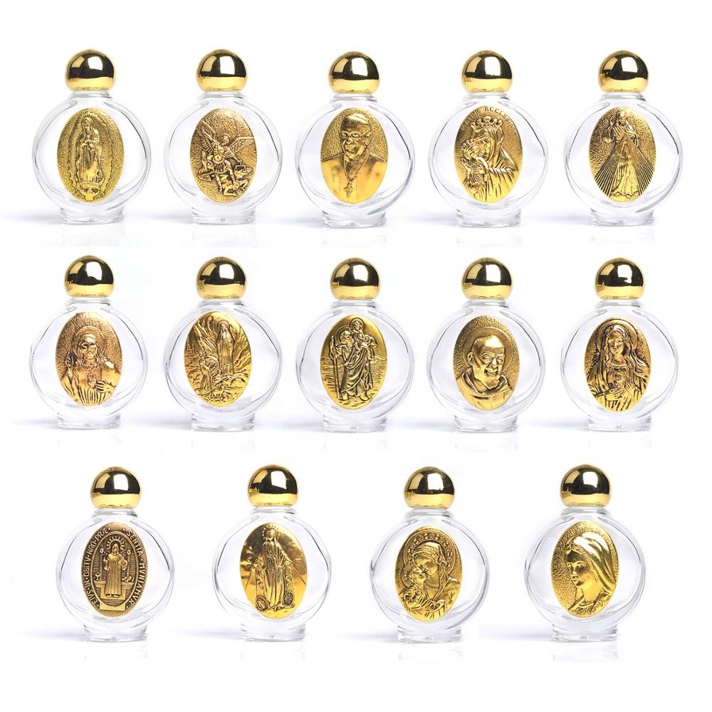 Gold Religious Saints Figures Jesus St Pio Our Lady of Lourdes 15ml Holy Water Glass Bottle