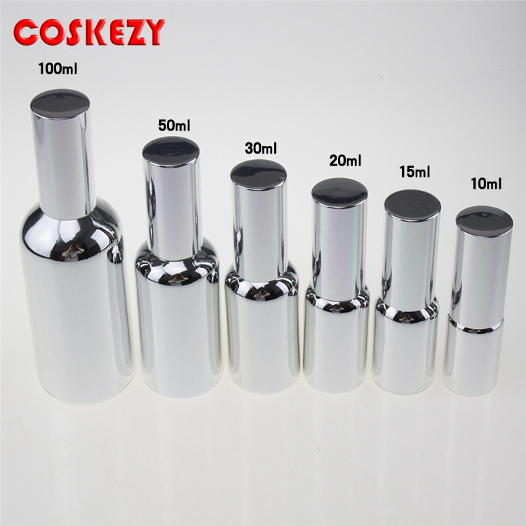 Gold and Silver Empty Mist Sprayer Perfume Bottles 100ml 50ml 30ml 20ml, Cosmetic Glass Packaging with Atomizer Spray Nozzle