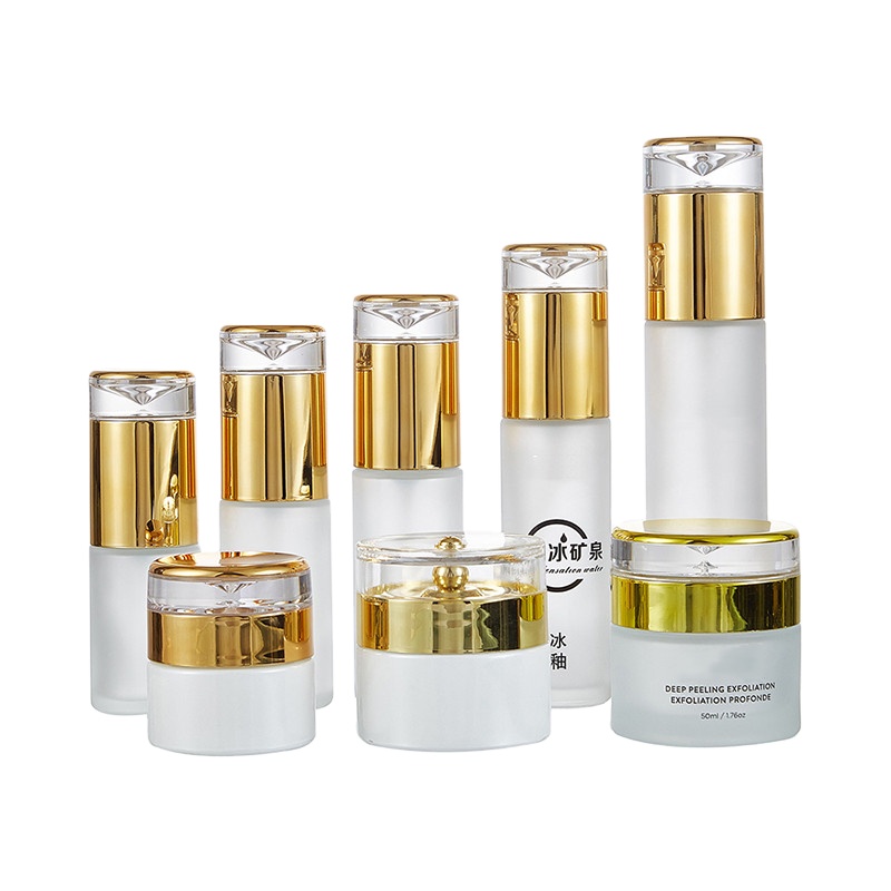Gold lid 20g 30g 50g round clear frost empty cosmetic luxury glass face cream jar and serum bottles with pump