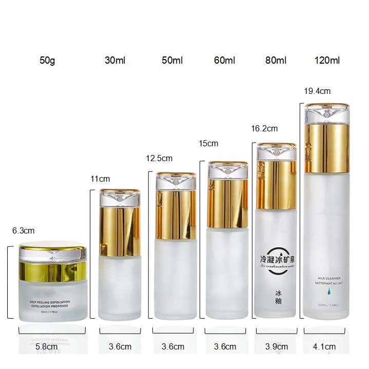 Gold lid 20g 30g 50g round clear frost empty cosmetic luxury glass face cream jar and serum bottles with pump
