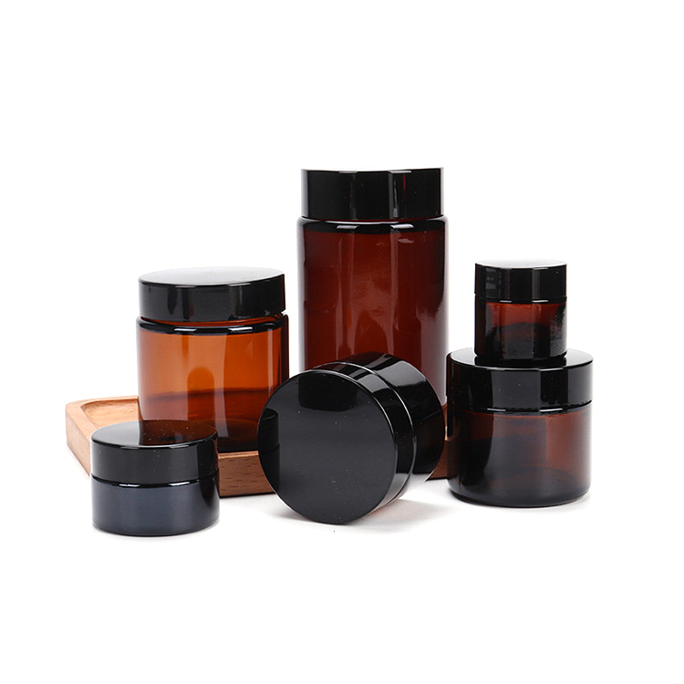 Gold lid cosmetic bottle and jars with cap brown glass jar