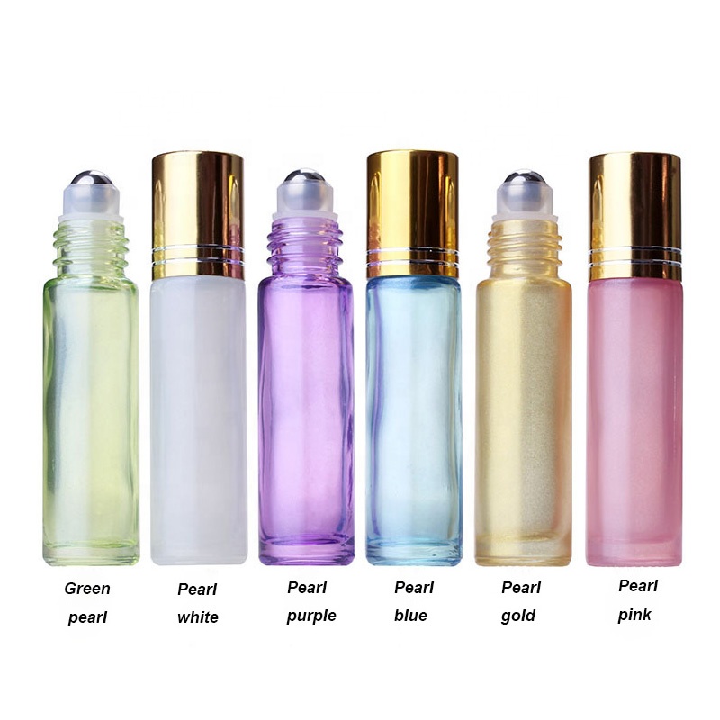 Gold lid pearl color glass roll on bottle 10ml round thick bottom refill empty essential oil bottles