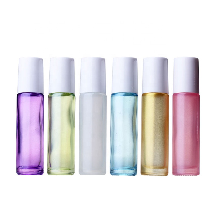 Gold lid pearl color glass roll on bottle 10ml round thick bottom refill empty essential oil bottles