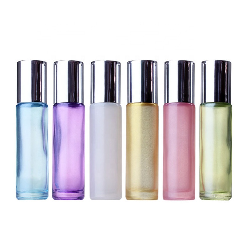 Gold lid pearl color glass roll on bottle 10ml round thick bottom refill empty essential oil bottles