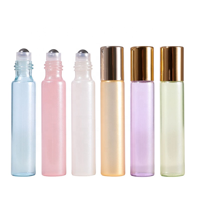 Gold lid pearl color glass roll on bottle 10ml round thick bottom refill empty essential oil bottles