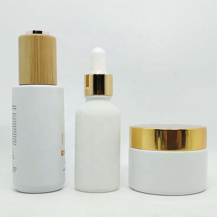 Gold lid pink frosted cosmetic set 30ml glass dropper bottle