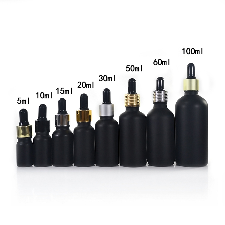 Gold stamping logo Customized 30ml matt black essential oil glass dropper bottle with aluminum cap