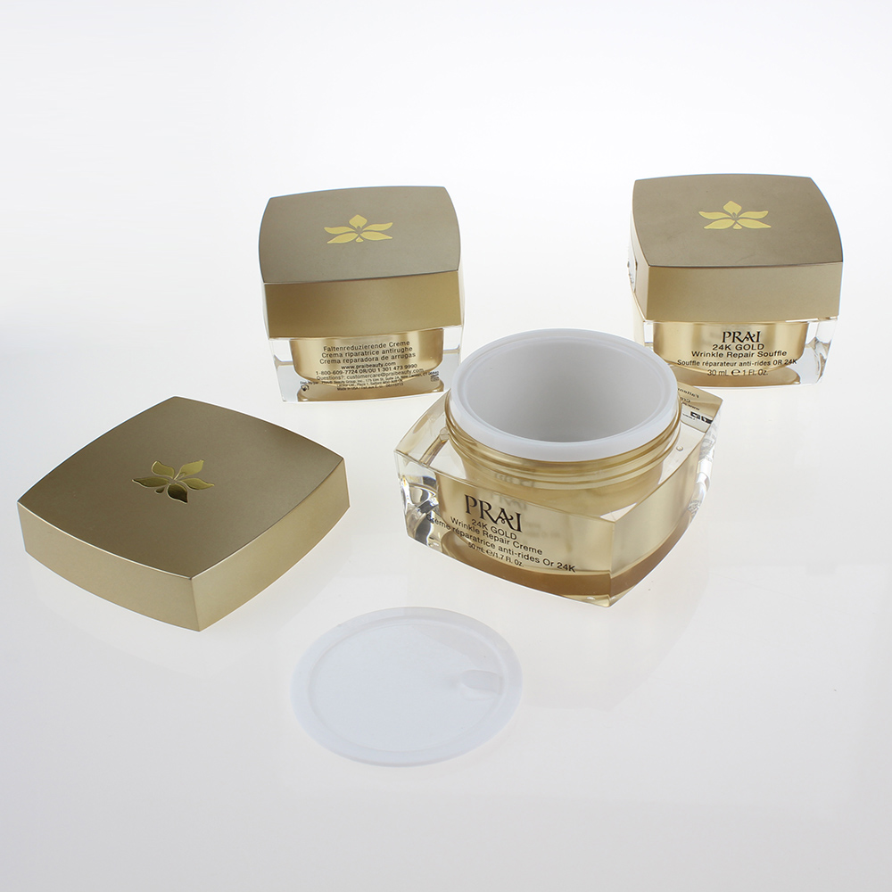 Golden More Size Empty Cosmetic Cream Packaging 5g 10g 15g 30g 50g 100g, Double Clear Acrylic Square Cream Jar Golden for Sale