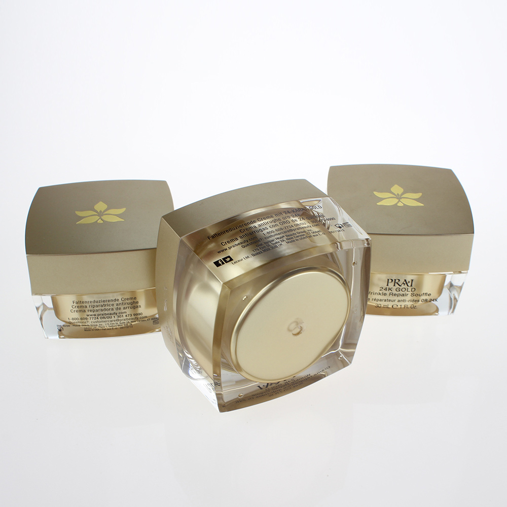 Golden More Size Empty Cosmetic Cream Packaging 5g 10g 15g 30g 50g 100g, Double Clear Acrylic Square Cream Jar Golden for Sale