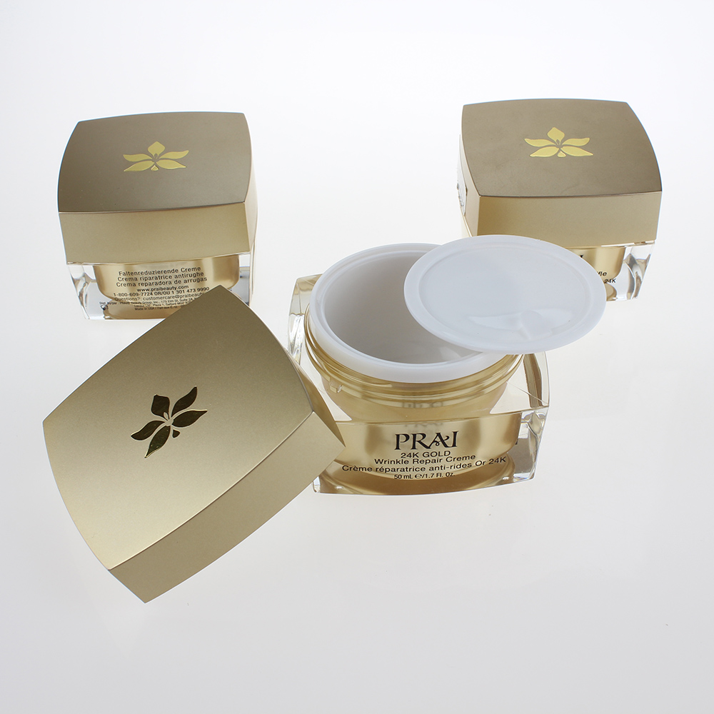 Golden More Size Empty Cosmetic Cream Packaging 5g 10g 15g 30g 50g 100g, Double Clear Acrylic Square Cream Jar Golden for Sale