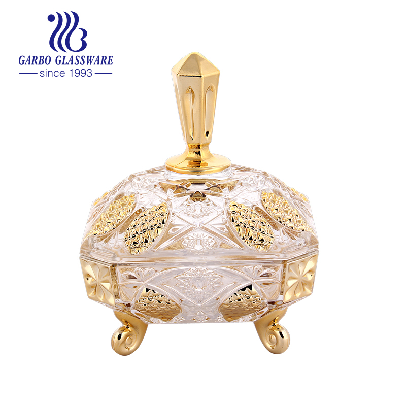 Golden plating glass candy jar engraved with fashion design wholesale popular glassware for home using candy pot high quality