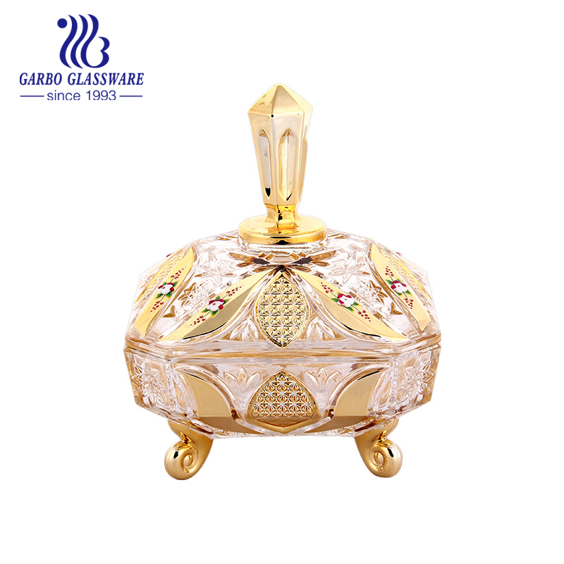 Golden plating glass candy jar engraved with fashion design wholesale popular glassware for home using candy pot high quality