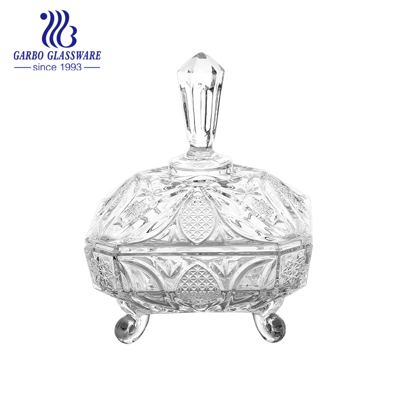 Golden plating glass candy jar engraved with fashion design wholesale popular glassware for home using candy pot high quality