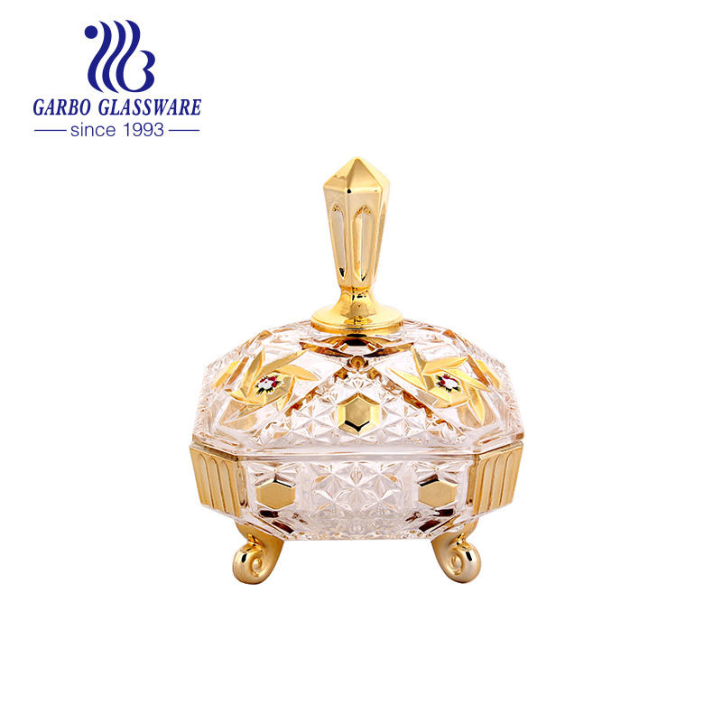 Golden plating glass candy jar engraved with fashion design wholesale popular glassware for home using candy pot high quality