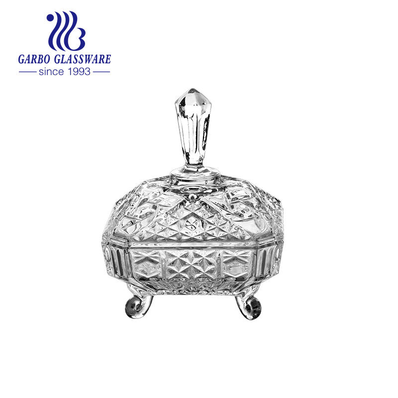 Golden plating glass candy jar engraved with fashion design wholesale popular glassware for home using candy pot high quality