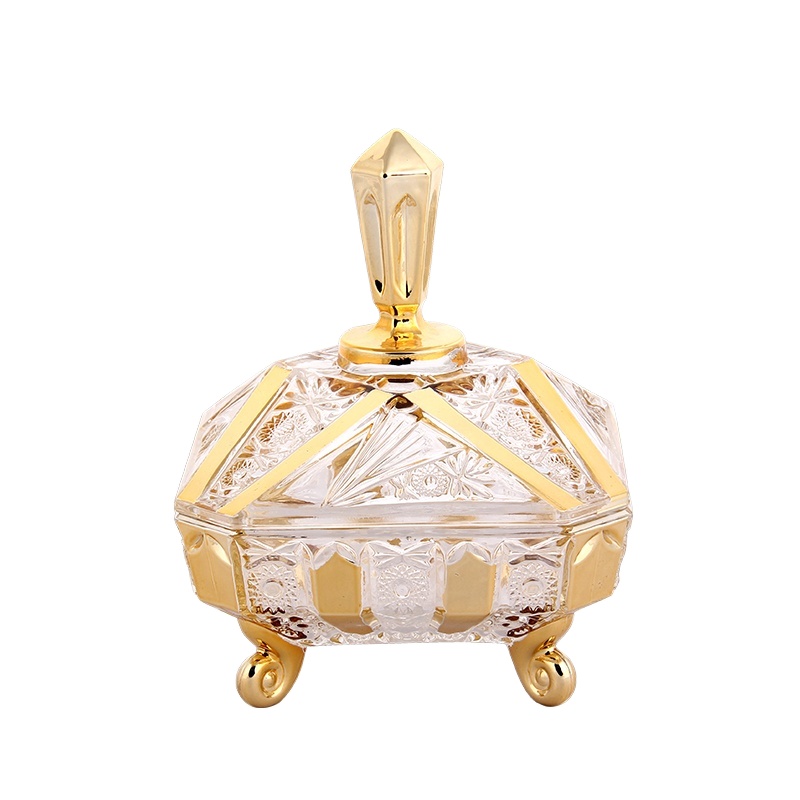 Golden plating glass candy jar engraved with fashion design wholesale popular glassware for home using candy pot high quality