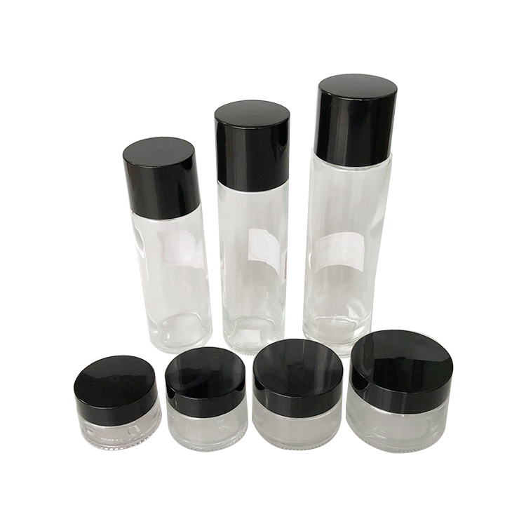 Good Price Wholesale Face Cream Jar 150ml 120ml 100ml Cosmetic Packaging Glass Toner Bottle with Black Lid