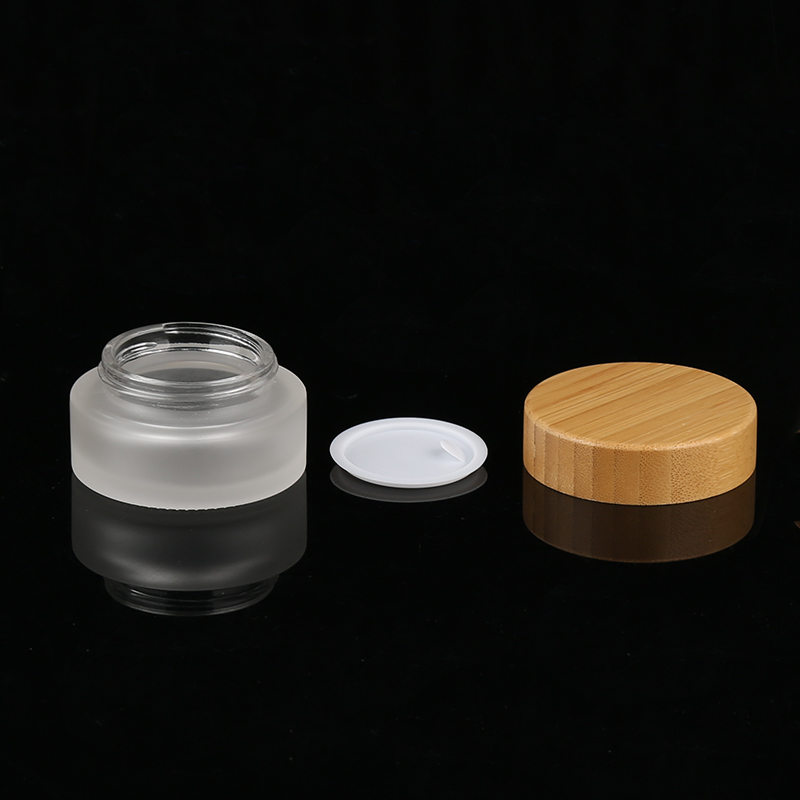 Good Quality 200ml clear frosted glass jar bamboo lid with plastic inner bamboo cream jar cosmetics packing
