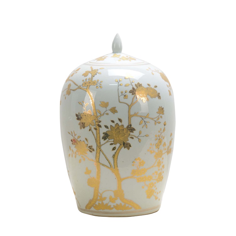 Good Quality Mini Antique Design Decorated Ceramic Porcelain Gold Flower Pattern Temple Jar White Ginger Jar With Lid