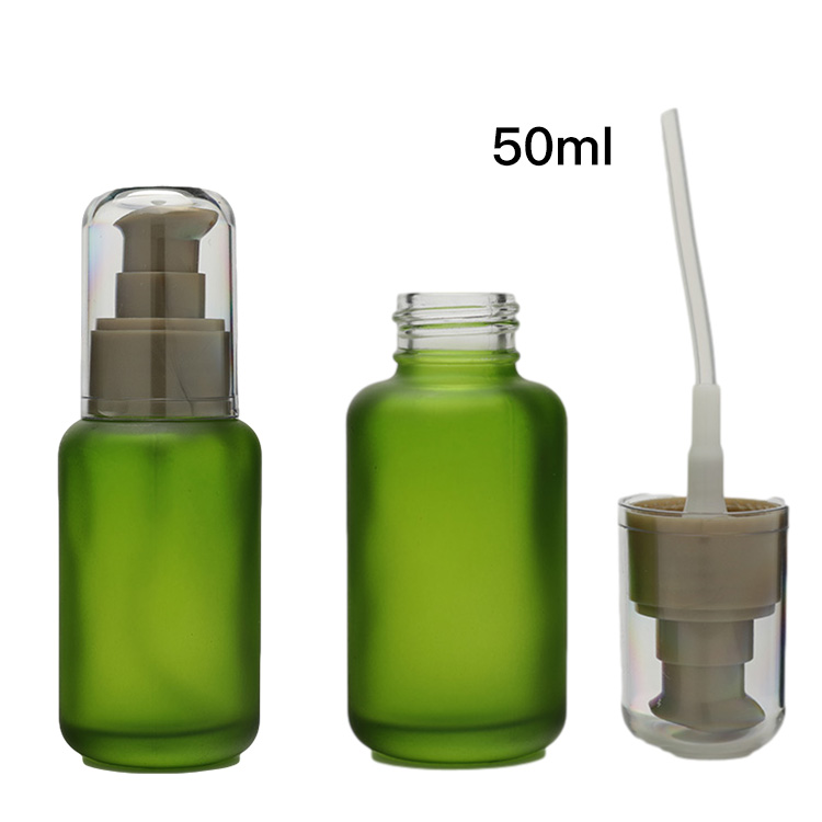 Good Quality Serum Bottle Frosted Pump Spray Green Glass Serum Pump Bottle For Cosmetic Lotion Essence Oil Container