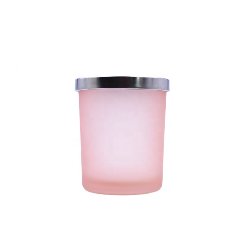 Good-looking  200 ML  translucent  matte pink  empty round custom candle holder glass jar with sealed metal lid
