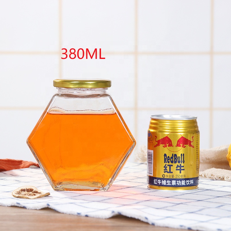 Good price hexagon glass royal honey jar 380ml