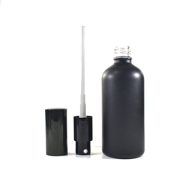 Good quality 100ml frosted black glass bottle for e liquid with black aluminum spray mist cap 100ml matte black glass bottle