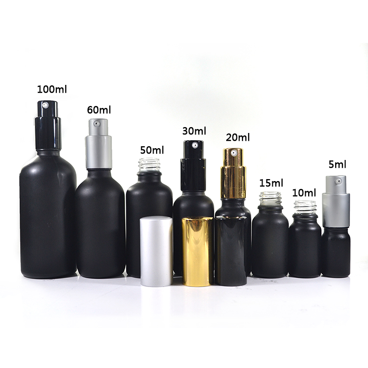 Good quality 100ml frosted black glass bottle for e liquid with black aluminum spray mist cap 100ml matte black glass bottle