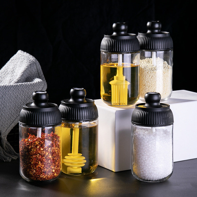 Good quality Condiment Pots Spice Jars Kitchen Cruet Bottle with Spoons Honey Pot Jar with Dropper Oil Bottle with Brush