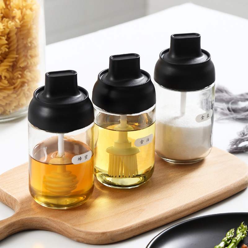 Good quality Condiment Pots Spice Jars Kitchen Cruet Bottle with Spoons Honey Pot Jar with Dropper Oil Bottle with Brush