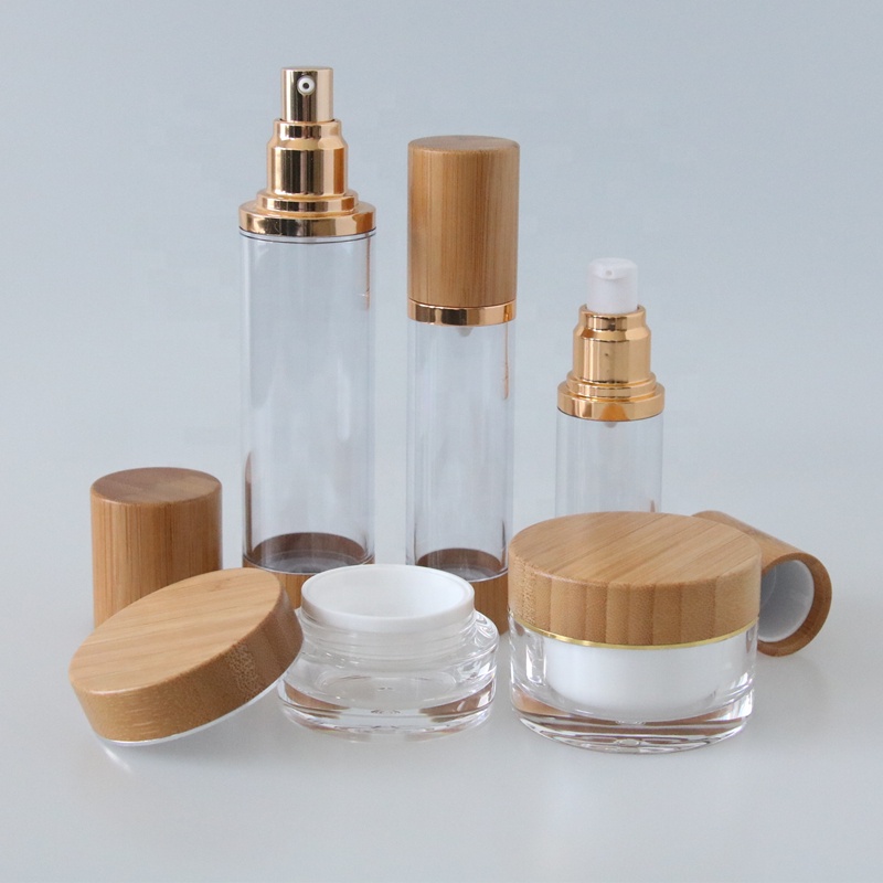 Good quality bamboo cosmetic packaging set 15g 30g 50g airless pump bottle and acrylic cosmetic cream jar with bamboo lid